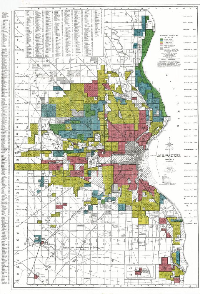 Redlining map of Milwaukee showing areas color coded by degree of “hazard” (aka Black folks, Jews and immigrants) to show banks whom they could lend money to