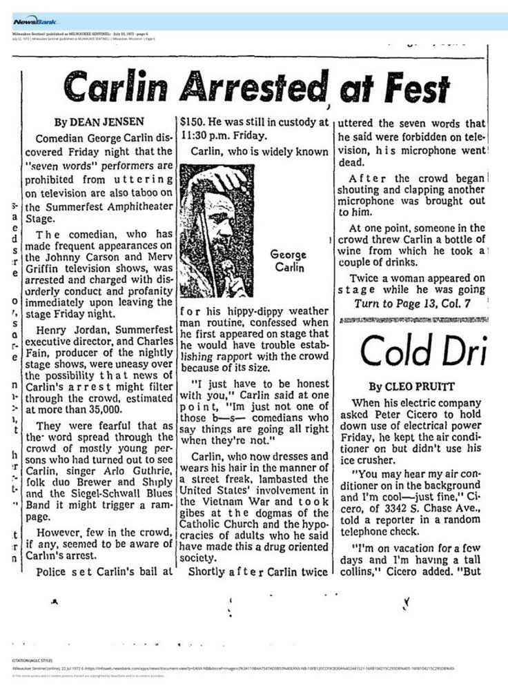Article from the Milwaukee Journal Sentinel in 1972 about George Carlin getting arrested for his “Seven Words You Can't Say on TV” skit