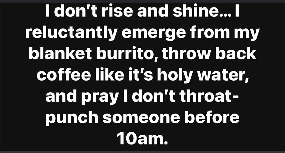 I don’t rise and shine… I reluctantly emerge from my blanket burrito, throw back coffee like it’s holy water, and pray I don’t throat punch someone before 10 AM