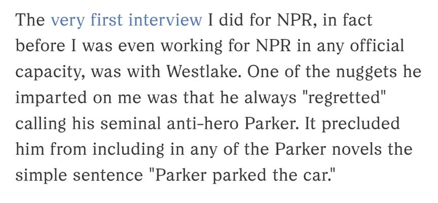 From the NPR tribute to Donald Westlake.