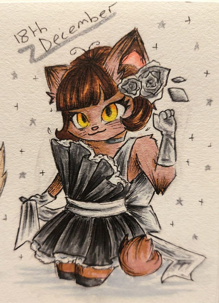 Ivy from Lackadaisy wearing a black dress with stockings with a silver bow, silver roses behind her ear and silver gloves.