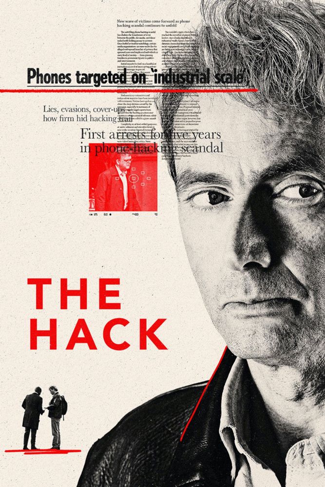 Promo image of the hack. A closeup of David tennant looking very serious, with the words the hack written in red, with two small shadowy figures underneath in conversation