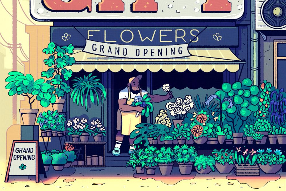 A muscular former convict decorating flowers in front of his flower shop for its grand opening.