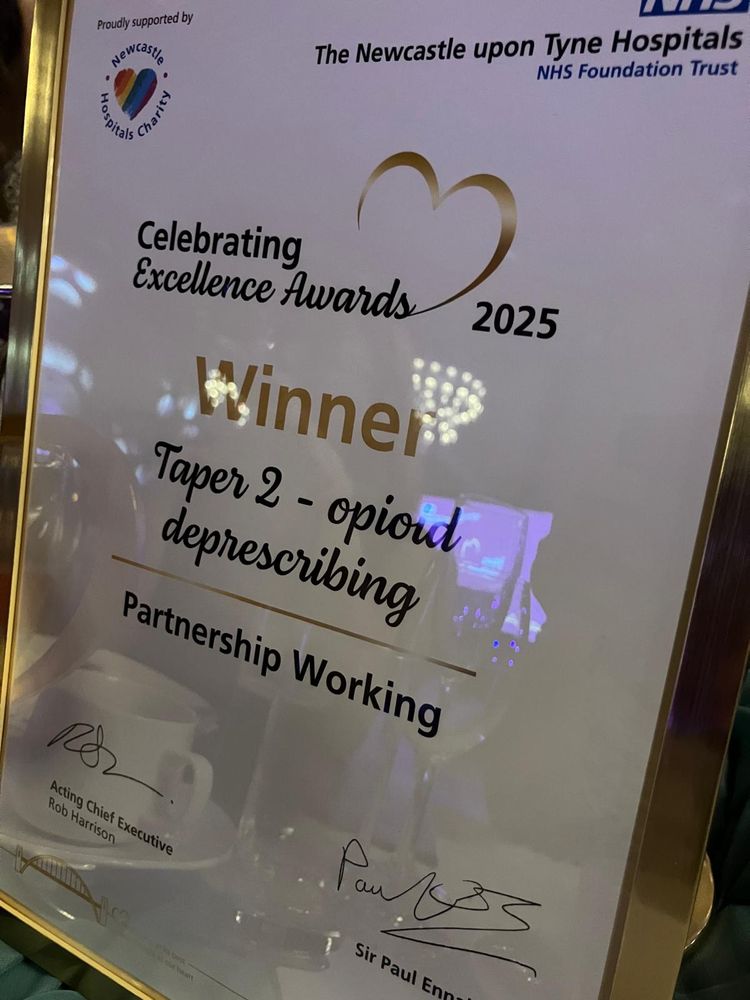 Photo of Taper2 award. 

Celebrating Excellence Awards 2025. Taper2 - opioid describing. 

Partership working. 
