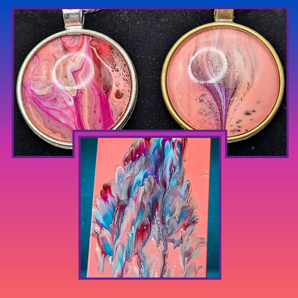 A collage with photos of an original fluid art painting along with a few paint skin jewelry pendants made from the painting's leftovers.