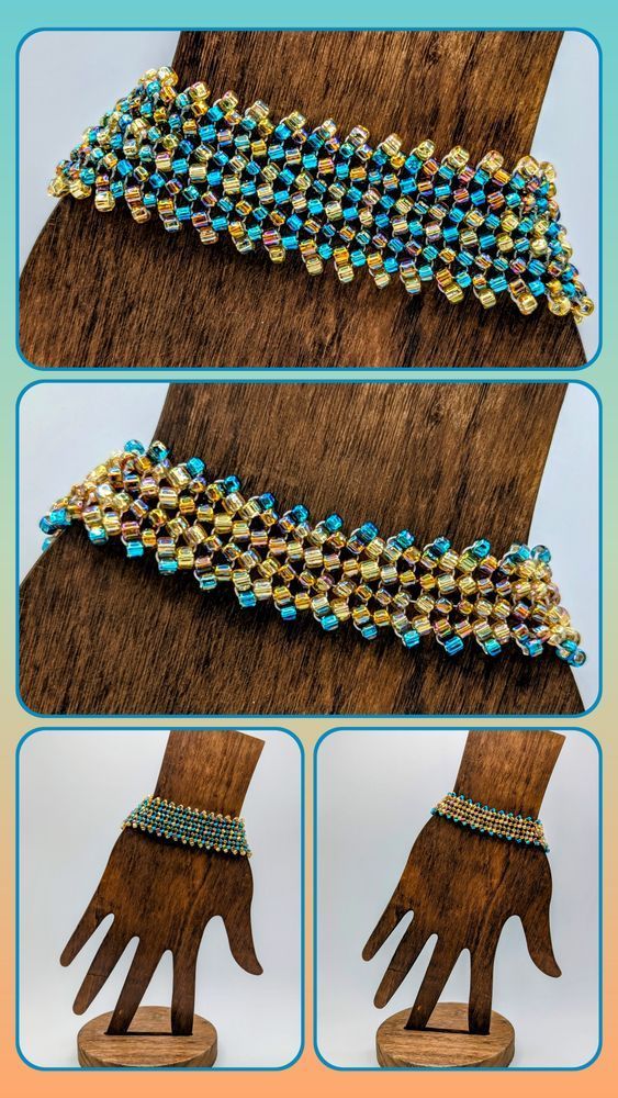A photo collage with images of two beaded bracelets that I made. They consist of transparent turquoise, gold, and bronze beads with an AB (iridescent) finish.