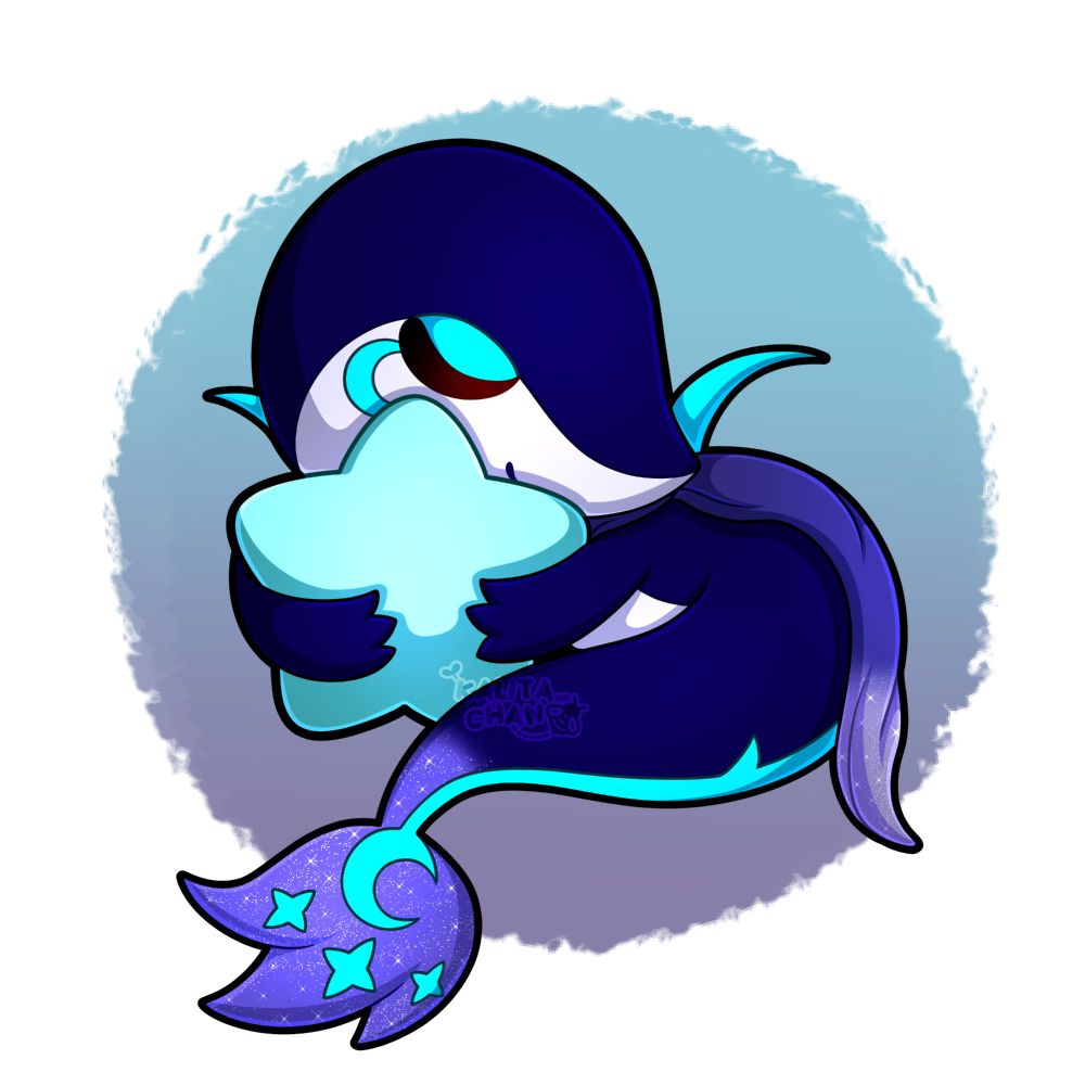an original character based on a snivy but with blue and ight blue colors. they are clurled up holding a light blue star shaped cushion. they have a happy face. their tail has 3 stars and a moon 