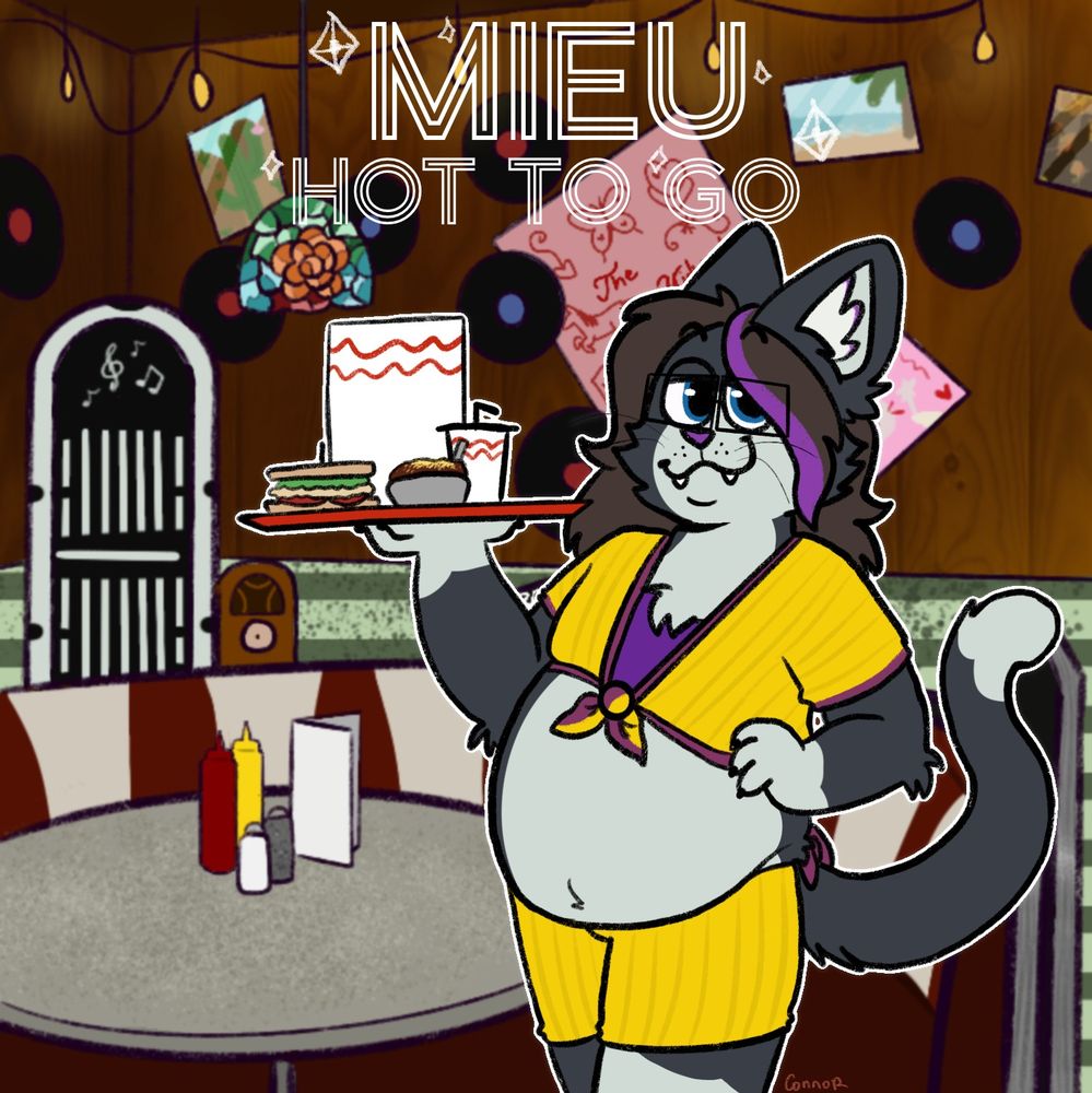 Parody of Chappell Roan's Hot To Go single cover featuring a chubby tuxedo cat fursona. They're dressed in a relatively revealing yellow and purple outfit and holding a platter with a sandwich, bowl of chili, and a soft drink. The background is of a diner setting. The text at the top says "MIEU: HOT TO GO"