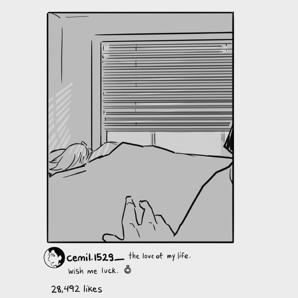 Social media post from Cemil of Oz asleep facing the early morning window, apparently the photo Cemil took before. It's captioned "the love of my life. Wish me luck." With a ring emoji. It's got 28,492 likes (damn)