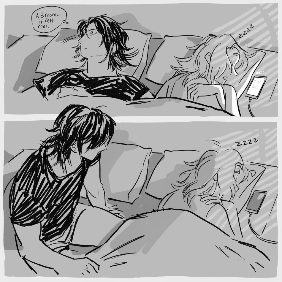 scene change. Cemil and Oz lying in bed in the dark. We can see that it's the modern day (and not the original setting fantasy scenes from before), Oz is lying next to his charging phone and is asleep. Cemil lies awake, looking disturbed with a tear in his eye. He thinks "A dream... it felt real". In the second panel he sits up to look at Oz who is still asleep