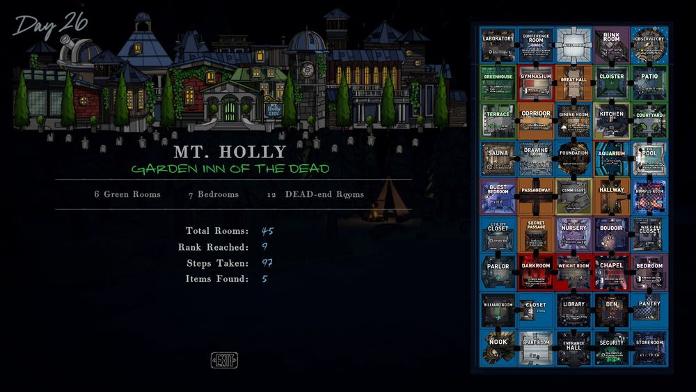 screenshot of the game Blue Prince, game over screen. The house is named "Garden Inn of the Dead"