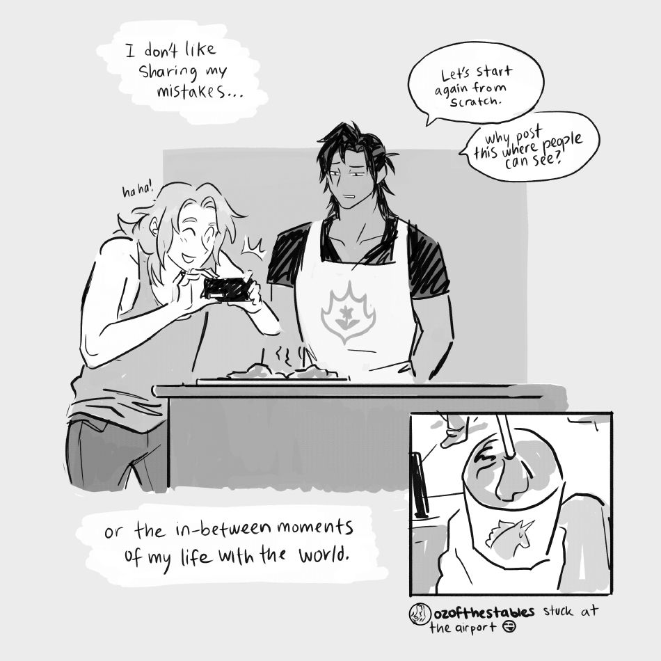a scene of them regarding some sort of failed baking experiment. Oz is excitedly taking a photo while Cemil suggests starting from scratch. Narration reads "I don't like sharing my mistakes, or in the in-between moments of my life with the world". In the bottom right, a social media post showing a fancy drink is posted by Oz, who's captioned it "stuck at the airport :P"