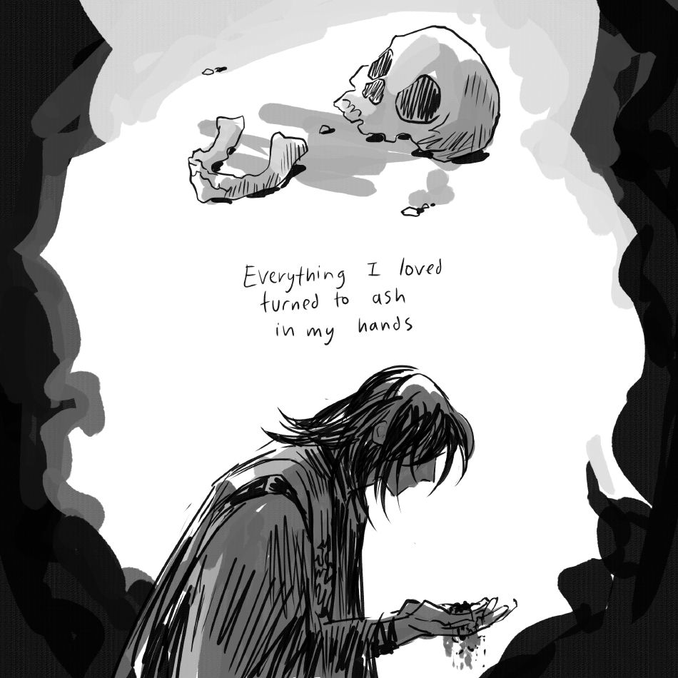 A human skull lies discarded and partially crumbled on the ground. At the bottom of the page, Cemil kneeling while dirt or ash filters from his hands. Narration reads "Everything I loved turned to ash in my hands"