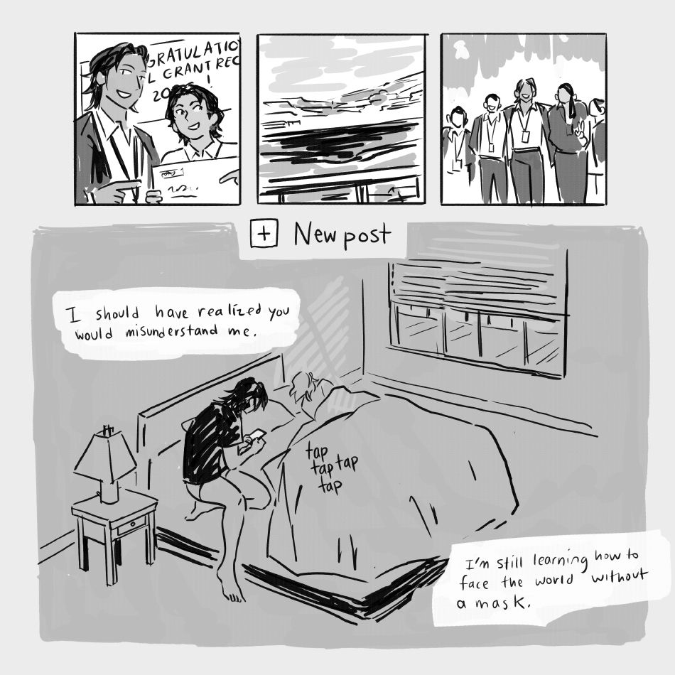 at the top, we see three images from Cemil's social media, which are very professional and look curated. "New post" is highlighted. Cemil sits on the bed beside Oz in the same scene from before and types on his phone. Narration reads "I should have realized you would misunderstand me. I'm still learning how to face the world without a mask."