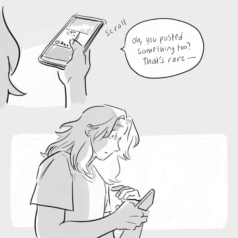Oz continues scrolling and says "Oh, you posted something too? That's rare-"
Then, in the second panel, he stares down at the phone, clearly shocked and rendered speechless