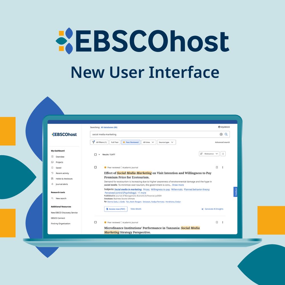 A graphic with a laptop showing the new EBSCOhost user interface with the heading EBSCOhost New User Interface