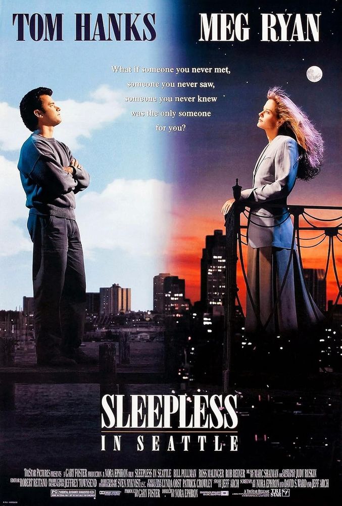 The poster for Sleepless in Seattle, with Tom Hanks on one side, Meg Ryan on the other. They are in different cities, different skies, and different times of the day. 