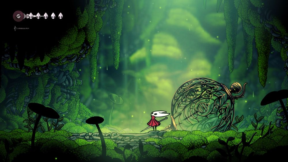 A screenshot from the earliest portion of Silksong, with Hornet staring up from the hole/chasm she just fell though. The ground and the background are entirely moss-covered. 