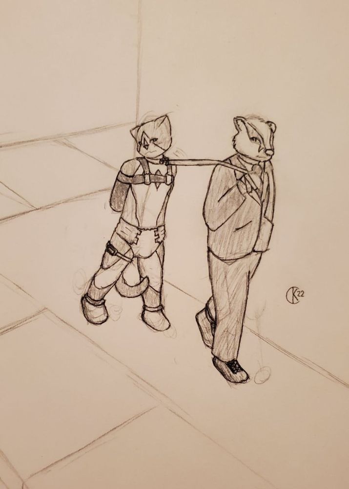 My character Cirrus (adult) being tugged along by Laguna, while wearing nothing but an arm binder, diaper, and a shock collar.

All characters shown are adults. I simply messed up on the length of the legs for Cirrus. The rest of the body is proportioned correctly.