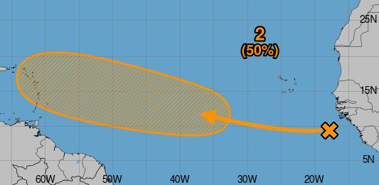 A snippet of a map from the National Hurricane Center indicating a low pressure off the coast of Guinea in Africa and showing that it will drift west into an area north of South America favorable for development into a tropical system with a 50% chance of doing so in the next 7 days.