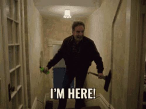 Gif of a man with mountain dew and a fireaxe happily saying "I'm here"