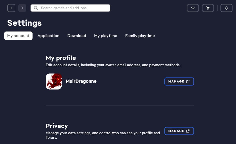 screen grab showing EA App account settings page