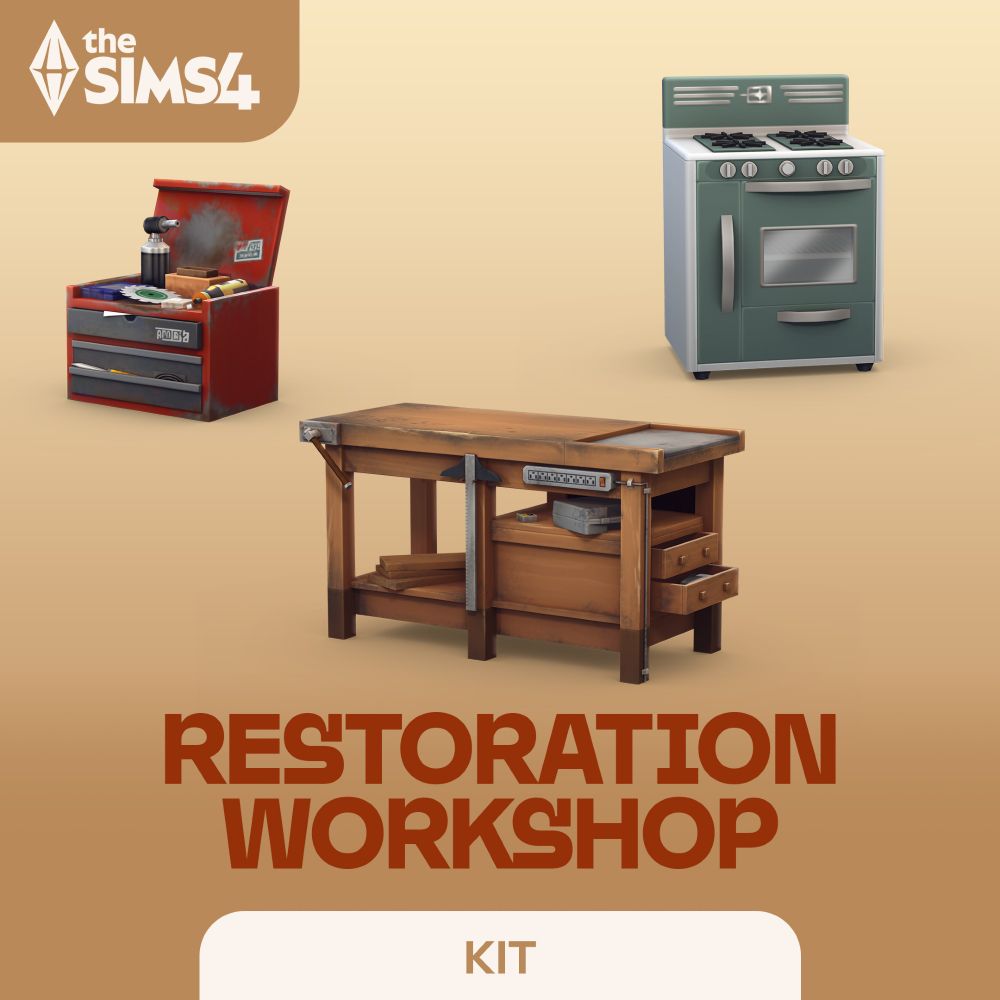 The Sims 4 Restoration Workshop kit. This Packfront shows images of a rusty tool box, a retro style oven, and a dusty workbench