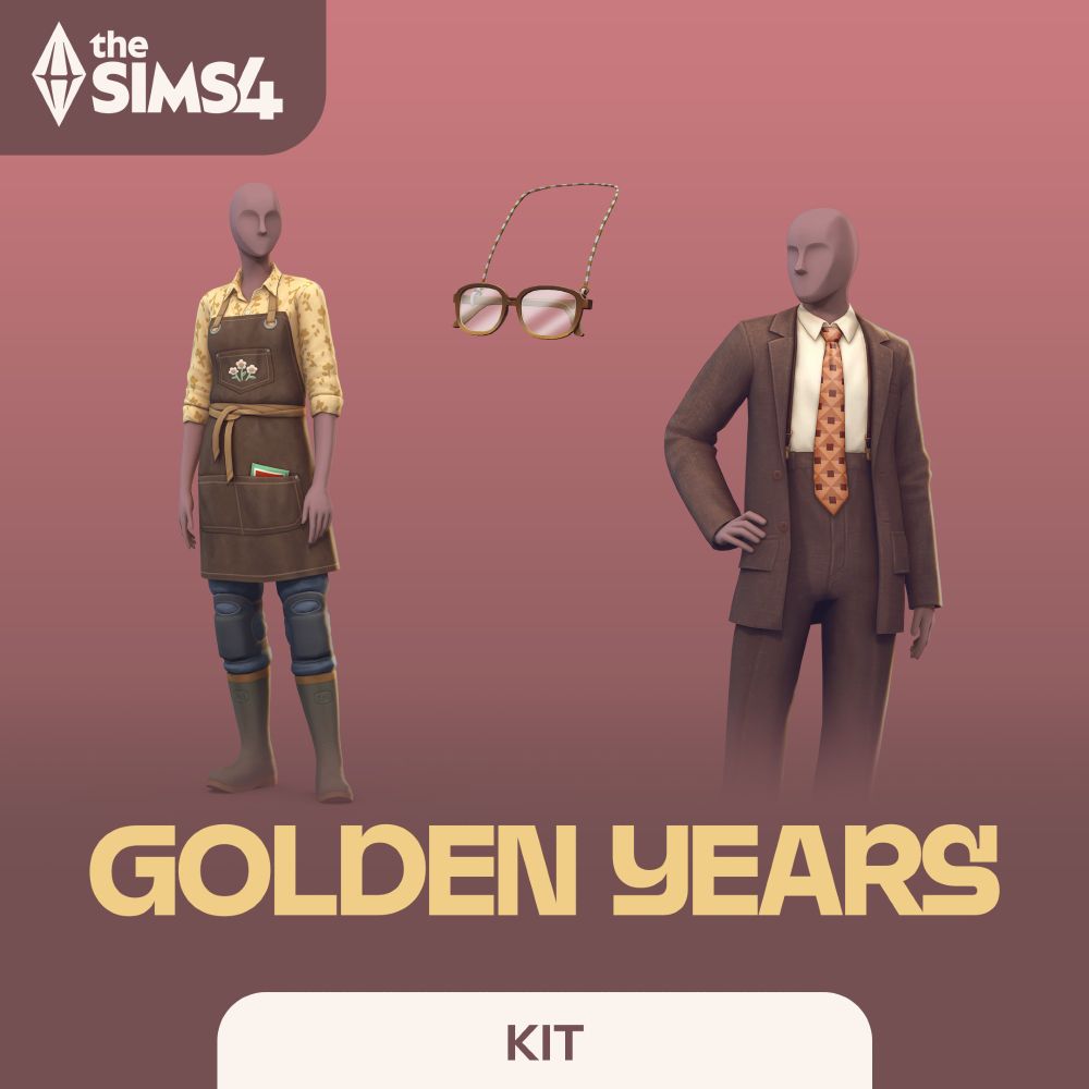 The Sims 4 Golden Years Kit. This Packfront shows a Sim wearing a gardening outfit complete with boots, kneepads, apron, and shirt with the sleeves rolled up, a pair of glasses with a cord attached, and a Sim wearing a suit and tie with the trousers hitched up high.