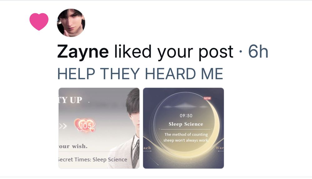 Screencap of a Bluesky notification: “Zayne liked your post”
The post was a previous screencap showing the unlocking of a Secret Times where Zayne counts to 100 (This was right after I made a post complaining about listening to Caleb count to 100).