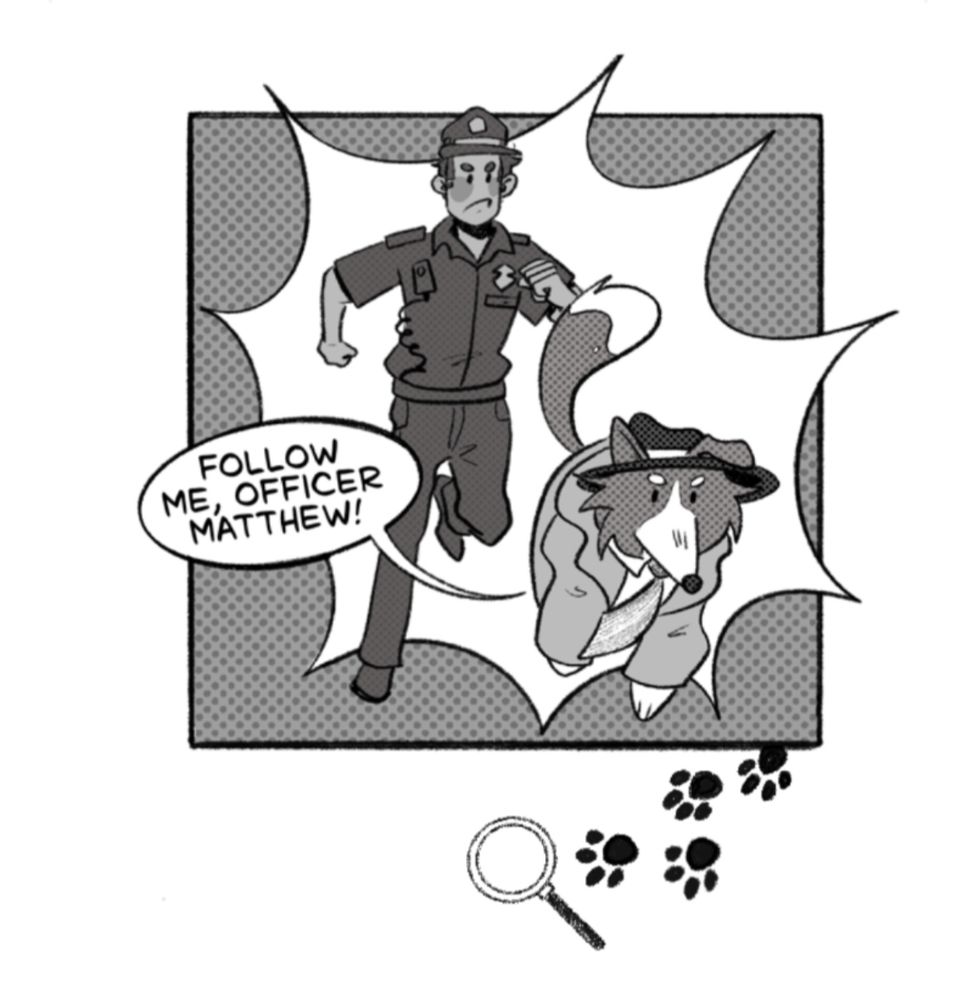 A screenshot from my webtoon the GoodBoy Detective! The bordercollie detective is running while police Officer Matt follows.