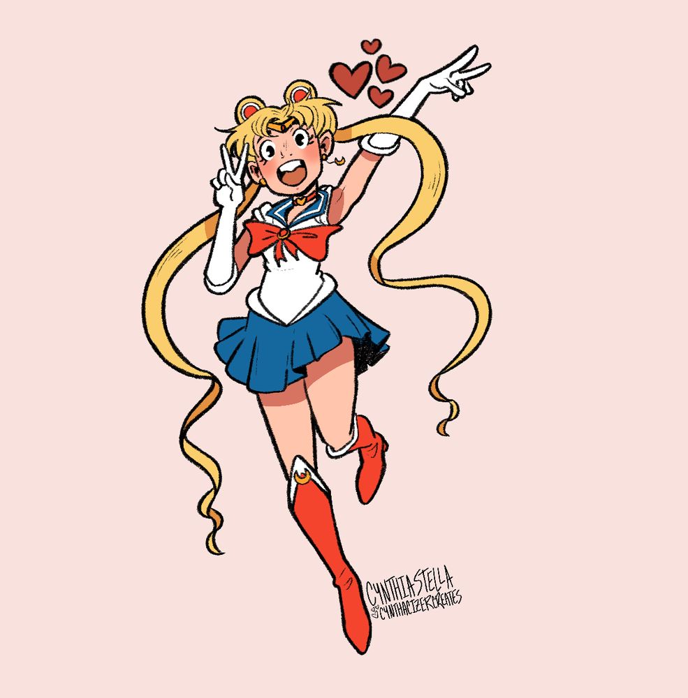 A drawing I did of sailor moon in my style jumping in the air giving two peace signs 