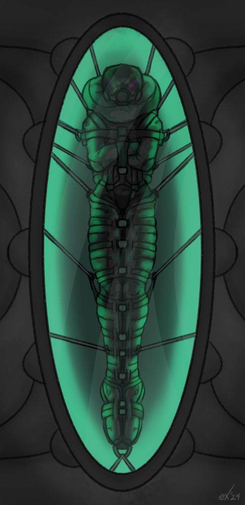 NSFW-ish: an Eliksni (Destiny 2) trapped in a full-body latex suit with a straitjacket and leg-binder, suspended in a permanently-sealed containment pod.