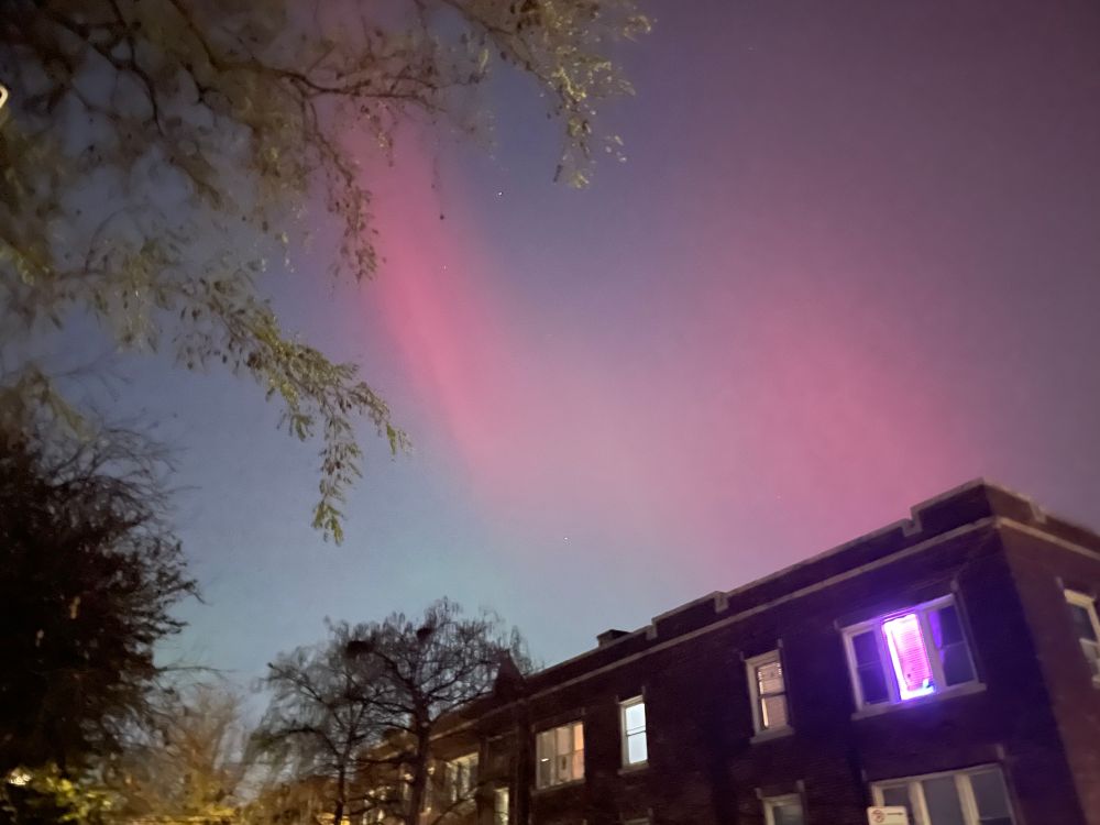 Pink aurora in the sky over an apartment building in Chicago