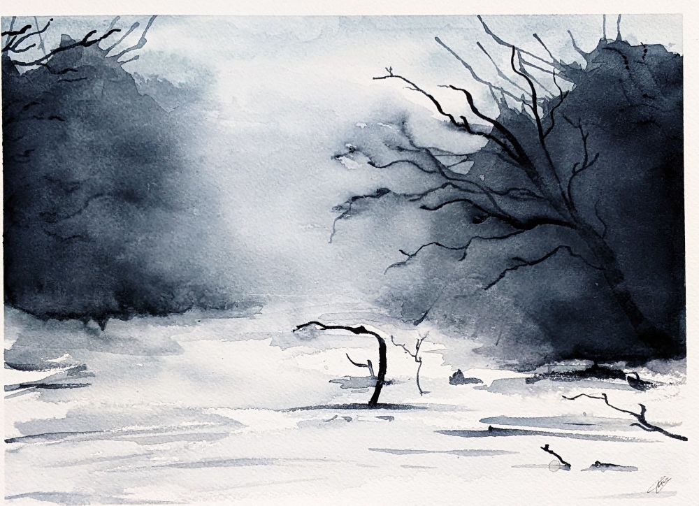 Monochromatic watercolor landscape of a bog. Tree branches emerge from the fog. Some branches poke out from the water.