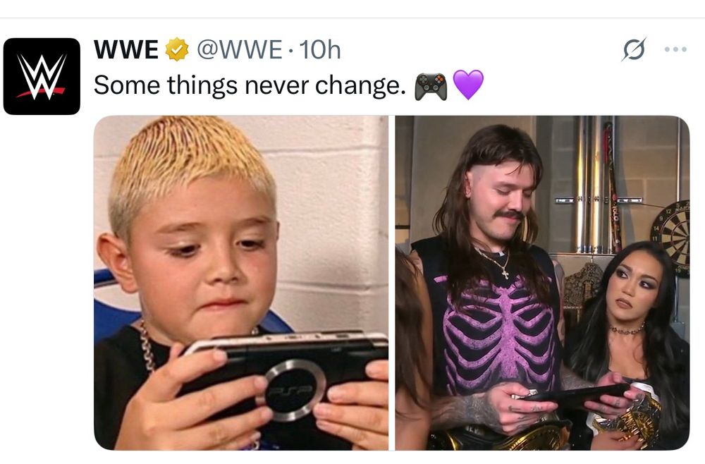 A screenshot of a WWE social media post featuring young Dom Mysterio playing the PSP on the left and current day Dom playing Switch 2 on the right as Roxanne Perez looks on.  