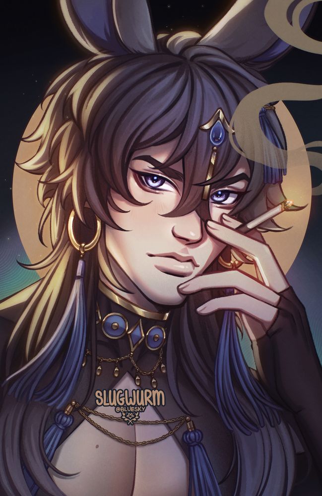 A black haired bunny boy sits and stares at the camera, smoking a cigarette. Behind him is a single gold circle and warm toned lighting. He's wearing gold jewellery and a shirt with a cut out around the chest. Blue tassels dangle from some of the jewellery. His skin is pale and eyes a striking soft blue.