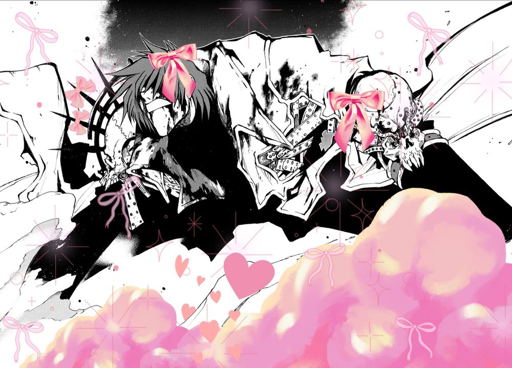 a spread of a bloodied legato from his fight against vash in trigun maximum. legato is completely covered in pink sparkles and bows. even the skull and spikes on his coat have bows.