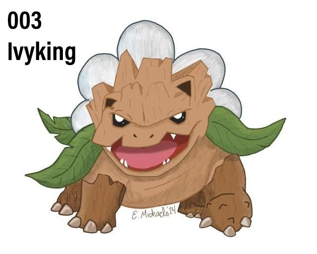 The following is a picture, drawn by artist Ev Michaels depicting a Crossover between the Pokémon Venusaur and the Super Groot, in his King Groot form. It is a very large monster who is roaring. The Pokémon Crossovers skin is made of wood and has a club in place of a foot for one of its front feet. 
