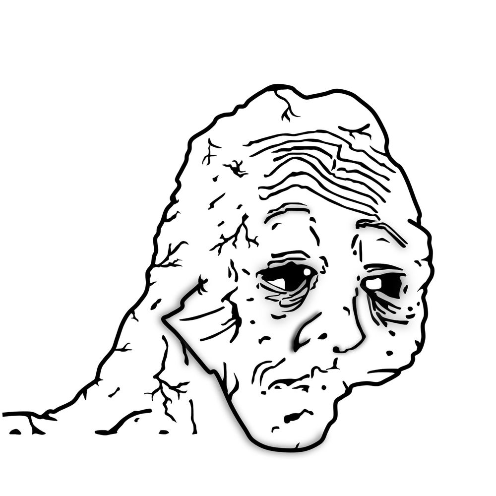 Sad, wrinkly guy meme. The guy is likely anticipating the worst