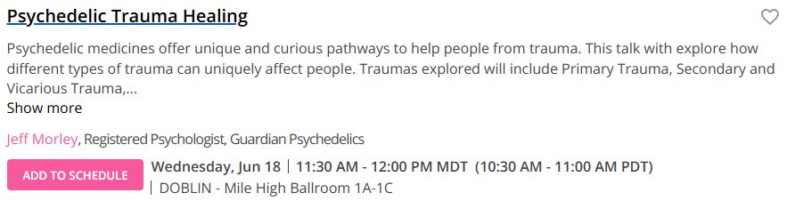 Jeff Morley's talk Psychedelic Trauma Healing, at Psychedelic Science Wednesday at 11:30