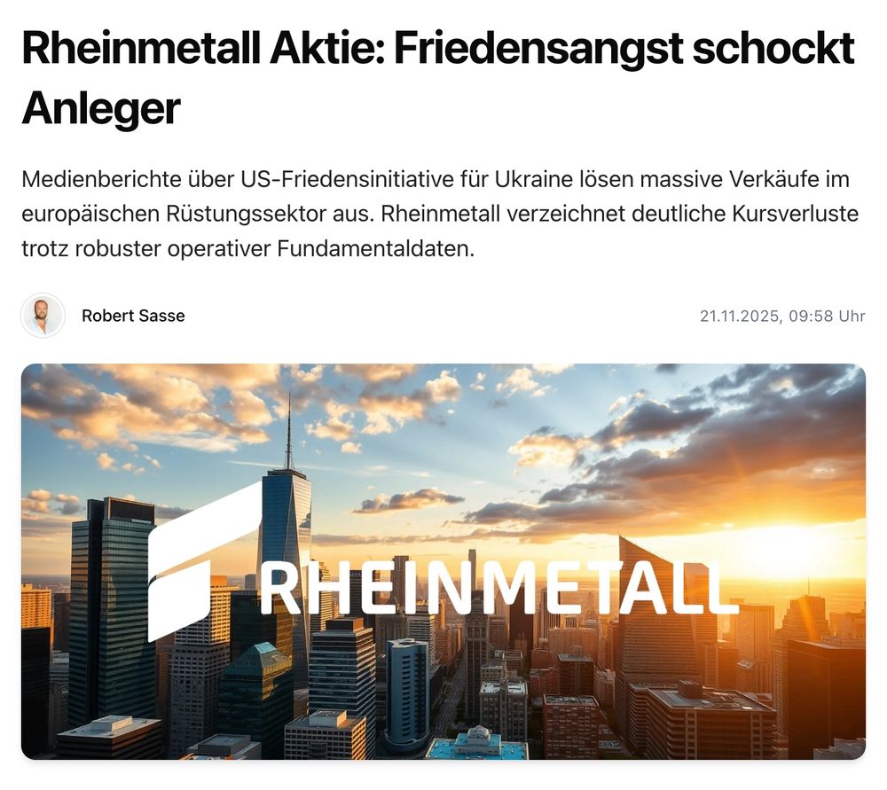 Screenshot eines Artikel mit der Überschrift: 
Rheinmetall Aktie: Friedensangst schockt Anleger
Medienberichte über US-Friedensinitiative fur Ukraine lösen massive Verkäufe im
europäischen Rüstungssektor aus. Rheinmetall verzeichnet deutliche Kursverluste trotz robuster operativer Fundamentaldaten.
© Robert Sasse 21.11.2025, 09:58 Uhr