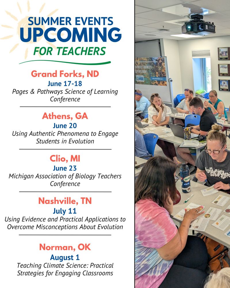 The text reads: SUMMER EVENTS UPCOMING FOR TEACHERS. Grand Forks, North Dakota, June 17-18, Pages & Pathways Science of Learning Conference. Athens, Georgia, June 20, Using Authentic Phenomena to Engage Students in Evolution. Clio, Michigan, June 23, Michigan Association of Biology Teachers Conference. Nashville, Tennessee, July 11, Using Evidence and Practical Applications to Overcome Misconceptions About Evolution. Norman, Oklahoma, August 1, Teaching Climate Science: Practical Strategies for Engaging Classrooms. Image: A classroom of teachers exploring one of NCSE's classroom activities.