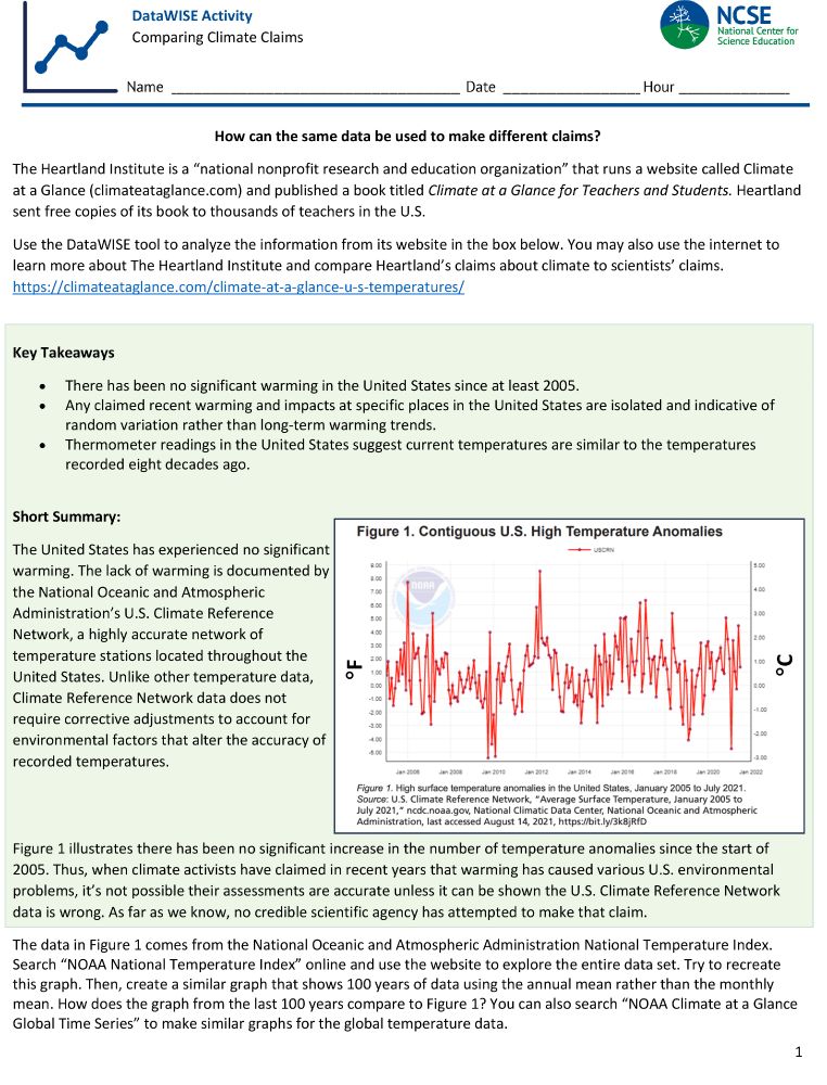Comparing Climate Claims student handout. A graph is shown as an example of cherry-picked data by the Heartland Institute to mislead people into believing the climate has remained stable since 2005. 