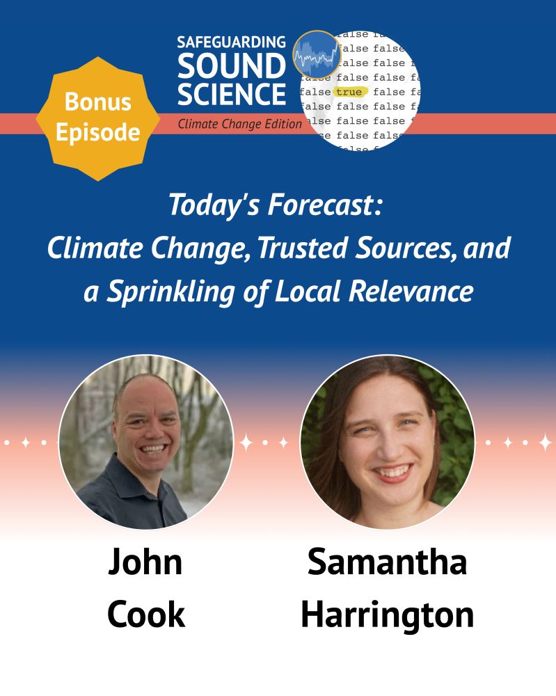 Graphic flyer for the podcast episode. The text reads: Safeguarding Sound Science: Climate Change Edition. Bonus Episode. Today's Forecast: Climate Change, Trusted Sources, and a Sprinkling of Local Relevance. John Cook, Samantha Harrington. Imagery: Headshots of John Cook and Samantha Harrington