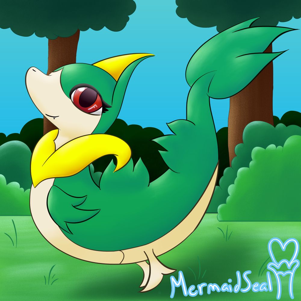 Servine, the Pokemon. It's a snake with legs, and a general feminine appearance. Being a grass snake, it has two large leaves growing alongside its back, and another large leaf on its tail. It has green scales, a yellow "crown" on top of its head, along with a yellow "crest" of sorts on its chest, and has a cream-colored underbody. This one in particular sports red eyes, rather than the more often depicted brown-ish colored eyes.