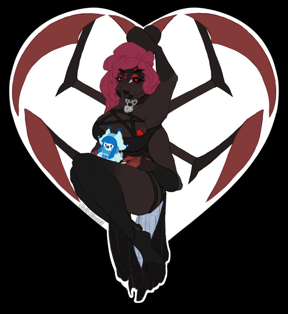 Black widow spider OC with 8 limbs, pose in the shape of a heart.