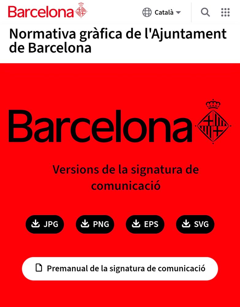 Captura de la página de información de la nueva gráfica del ayuntamiento de Barcelona. Se puede ver arriba a la izquierda el logo en rojo (consta de la palabra Barcelona en tipografía sans serif y el escudo de Barcelona a la derecha de la palabra), debajo el título "Normativa gràfics de l'Ajuntament de Barcelona" y en medio el logo en negro sobre fondo rojo. Debajo el texto "Versions de la signatura de comunicació" con los iconos para descargarlos en diferentes formatos y un botón para acceder al "Premanual de la signatura de comunicació".
