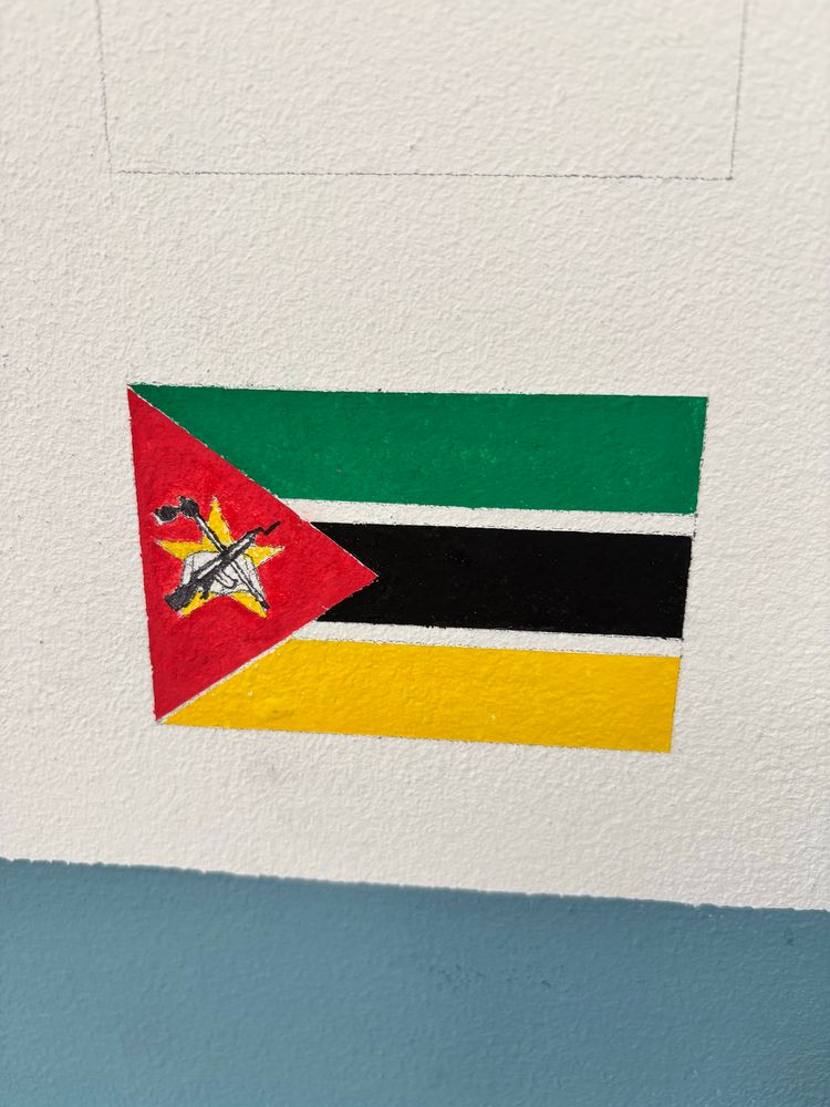 Full-colour, to-scale flag of Mozambique painted on the wall
