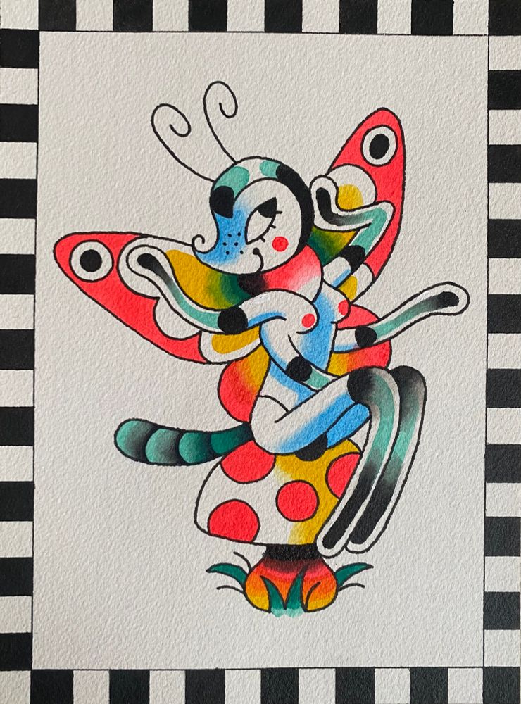 An acrylic ink painting in a checker boarder of a butterfly babe sitting on a mushroom 
