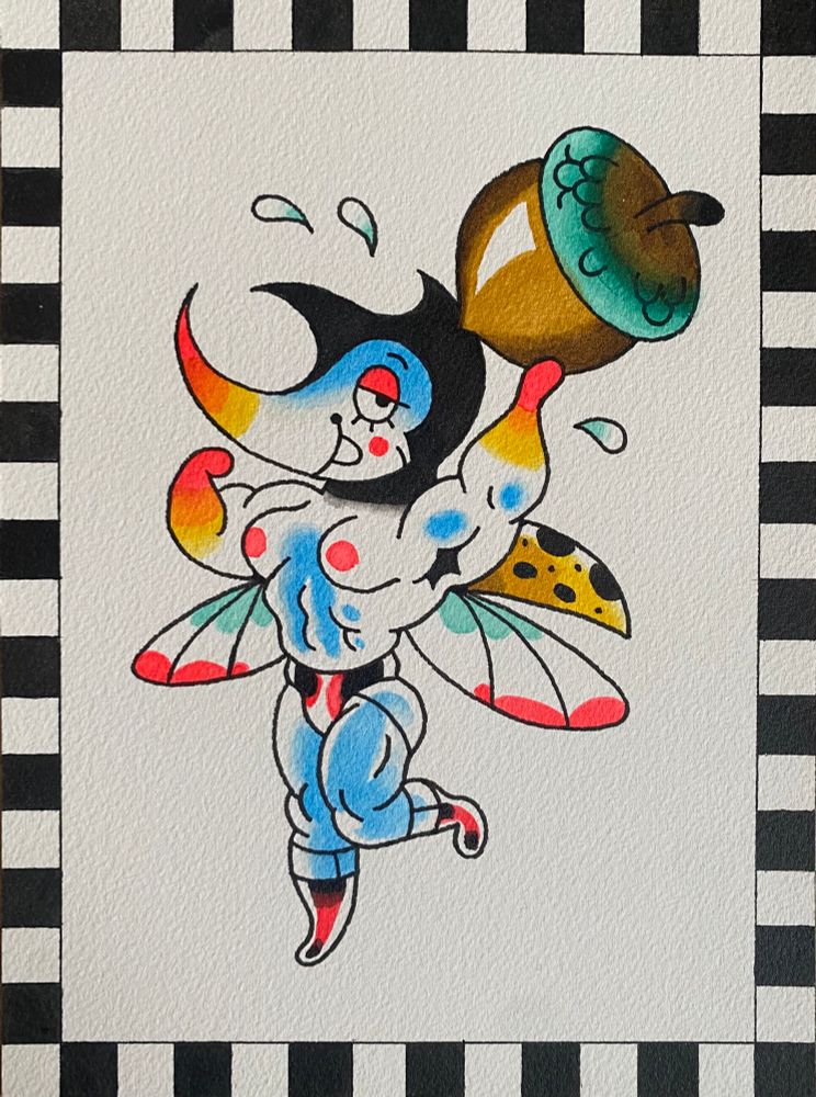 An acryllic ink paining in a checker boarder if a super buff beetle babe lifting an acorn and flexing her biceps 